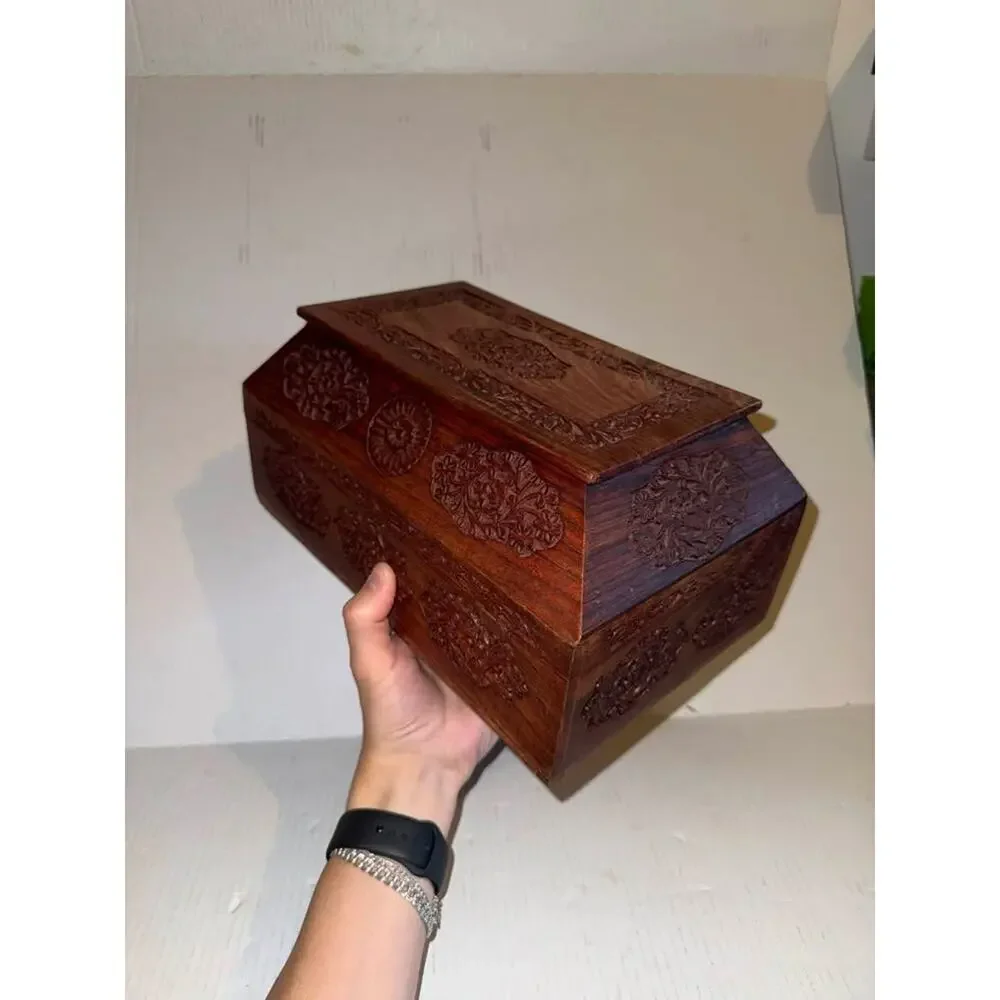Vintage Hand-Carved Anglo-Indian Jewelry Box in Teak Wood with floral inlay